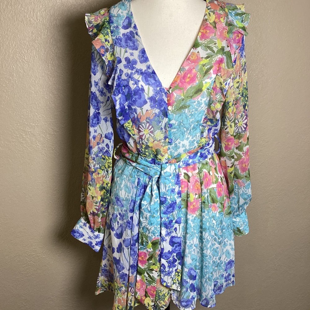 Zara NWT Floral Button Front Long Sleeve Mini Dress V-Neck Tie Waist Size Medium